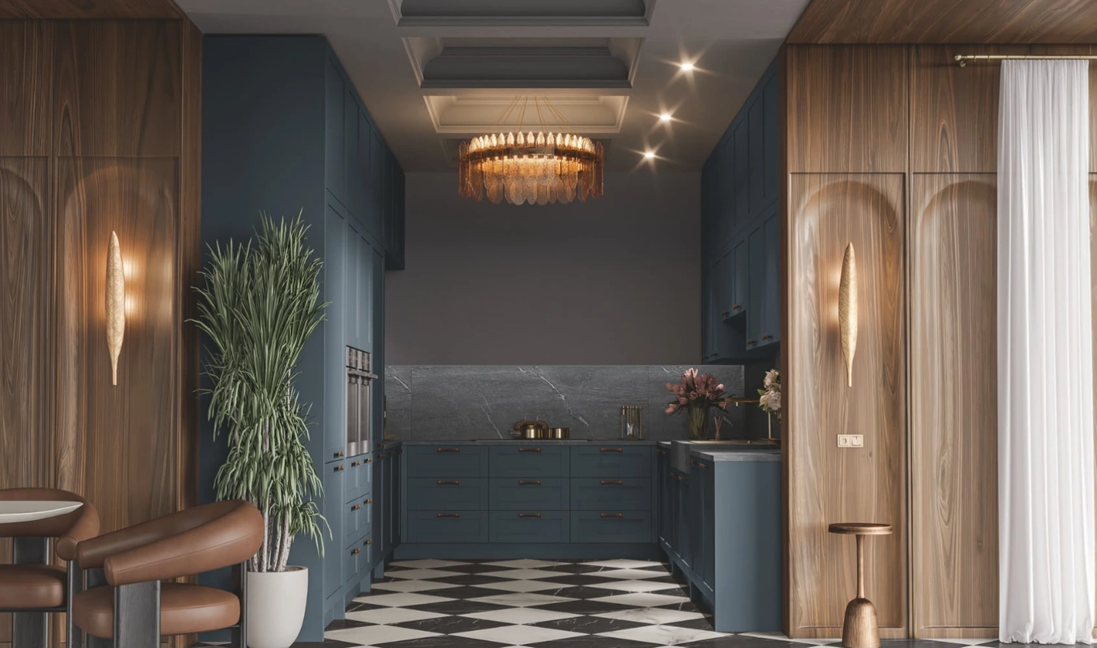 Cucina classica blu con ante lavorate e pavimento a scacchi