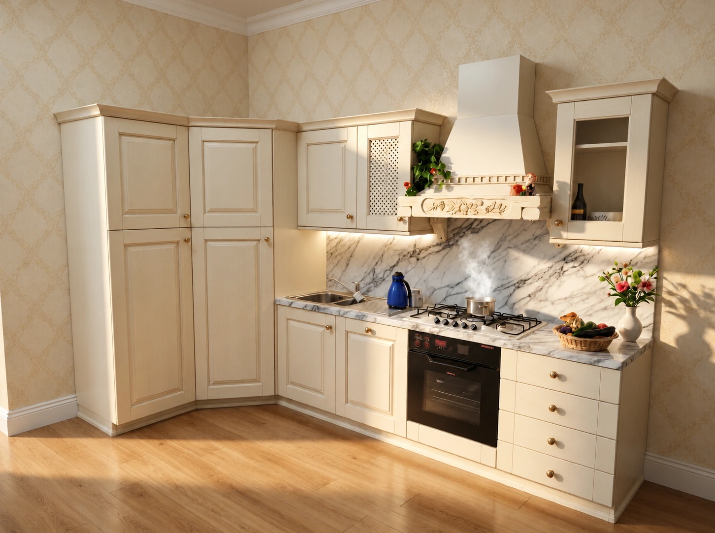 Cucina classica color crema con cappa decorata