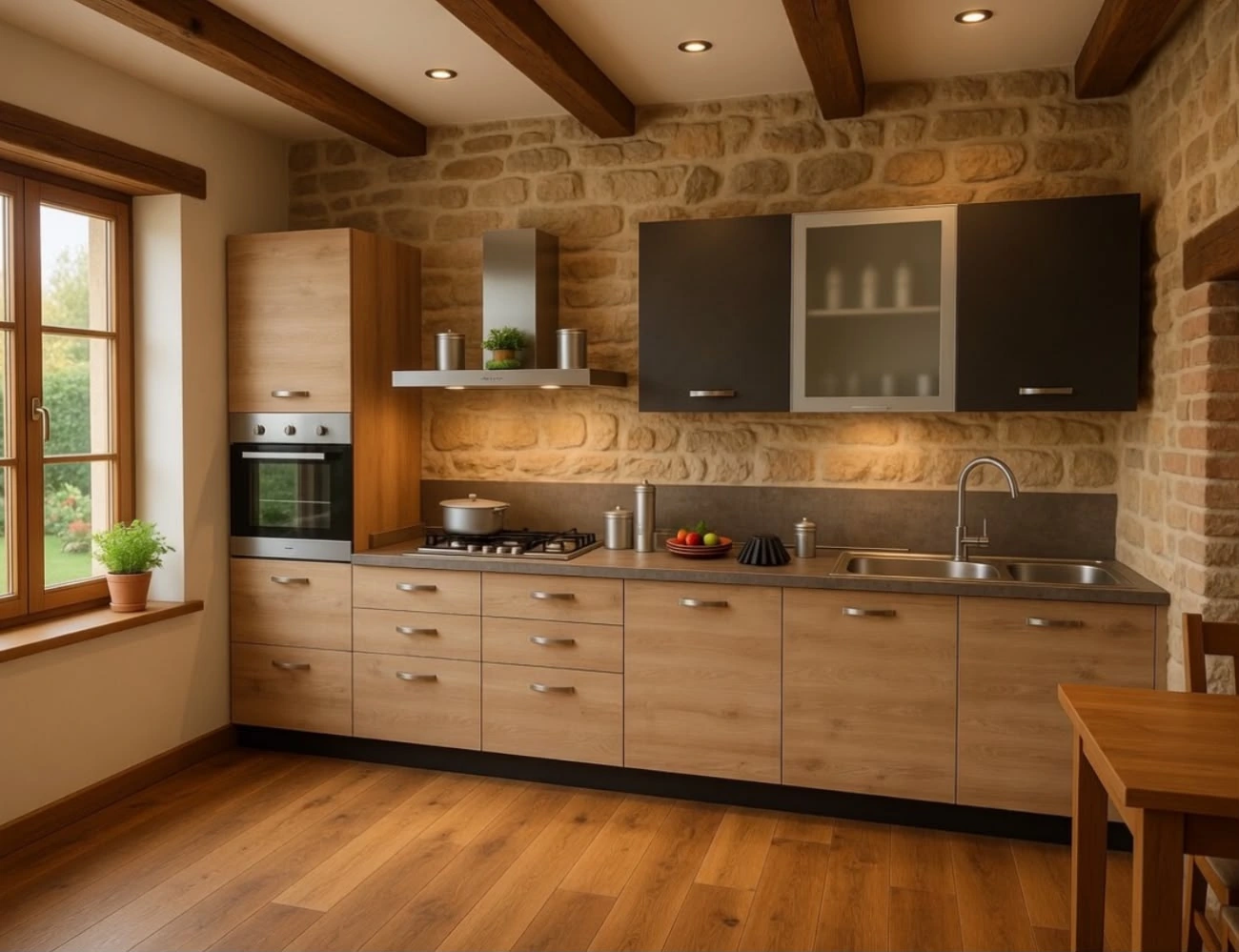 Cucina di ispirazione rustica con legno chiaro e pareti in pietra