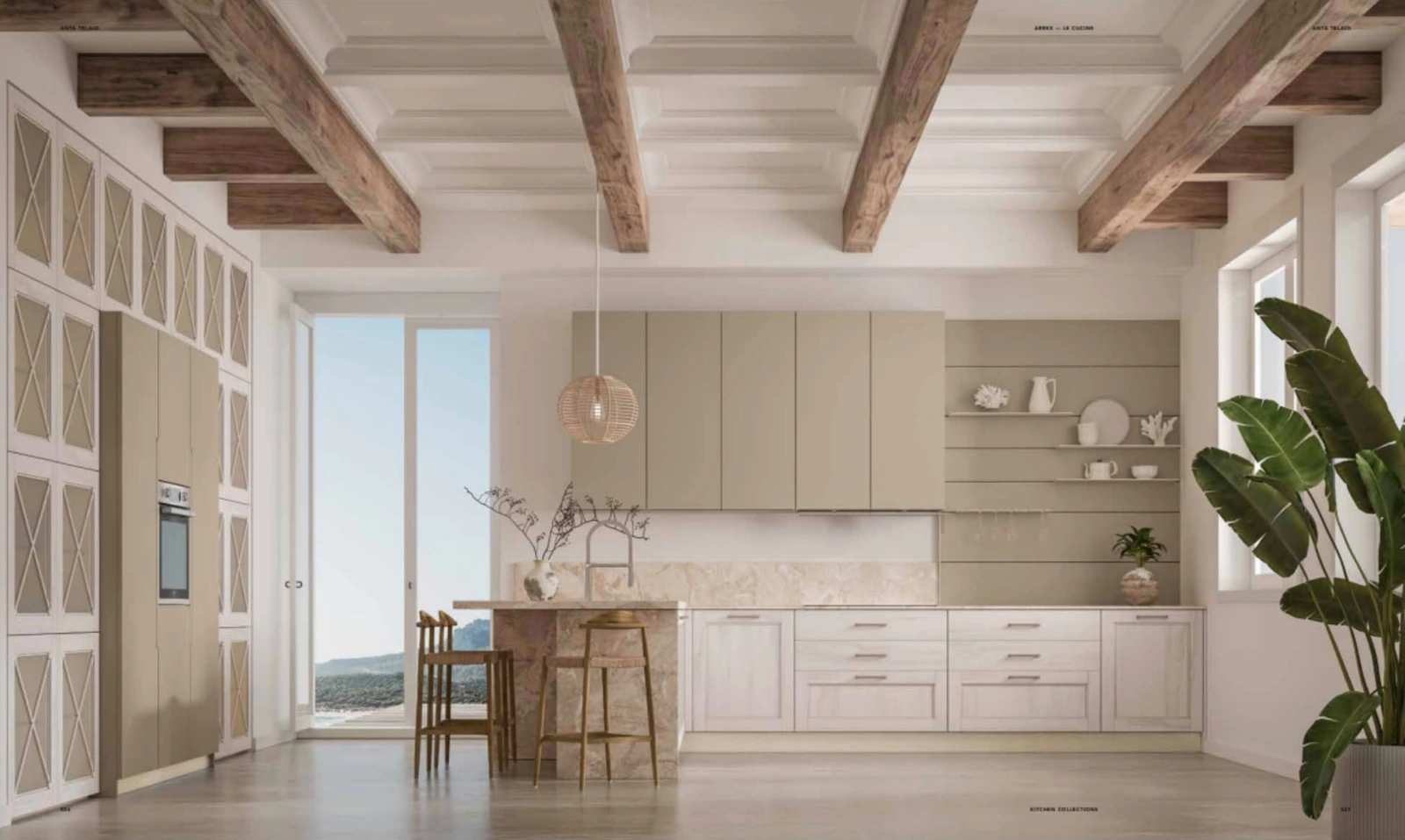 Cucina chiara a telaio con isola e soffitto a travi