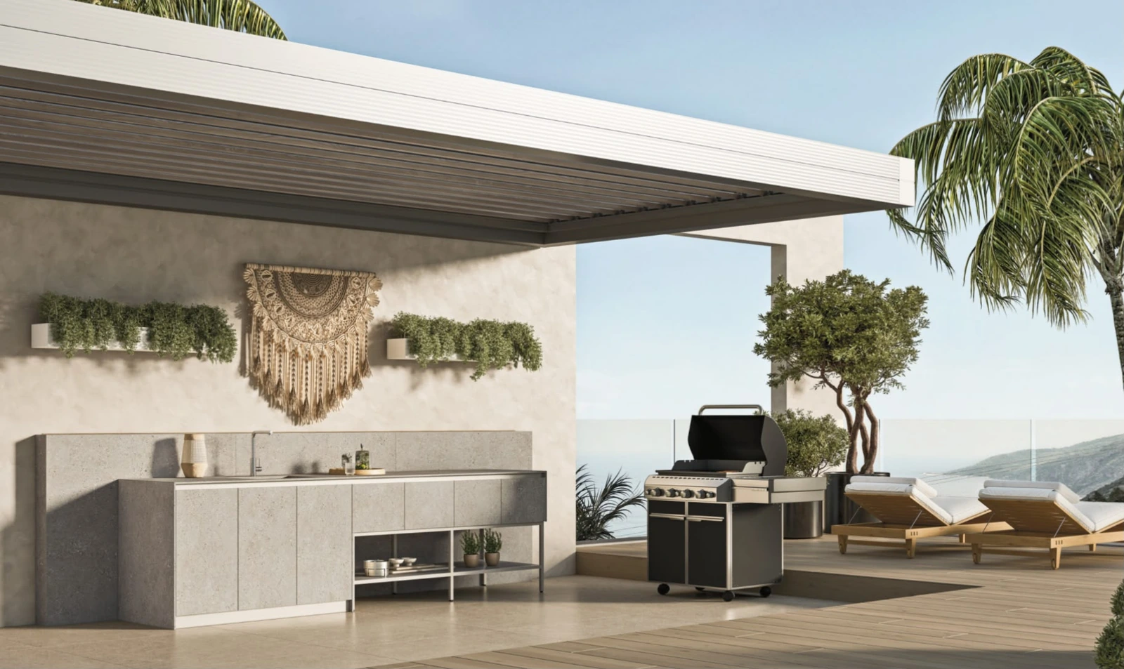 Cucina da esterno chiara con spazio pranzo e barbecue