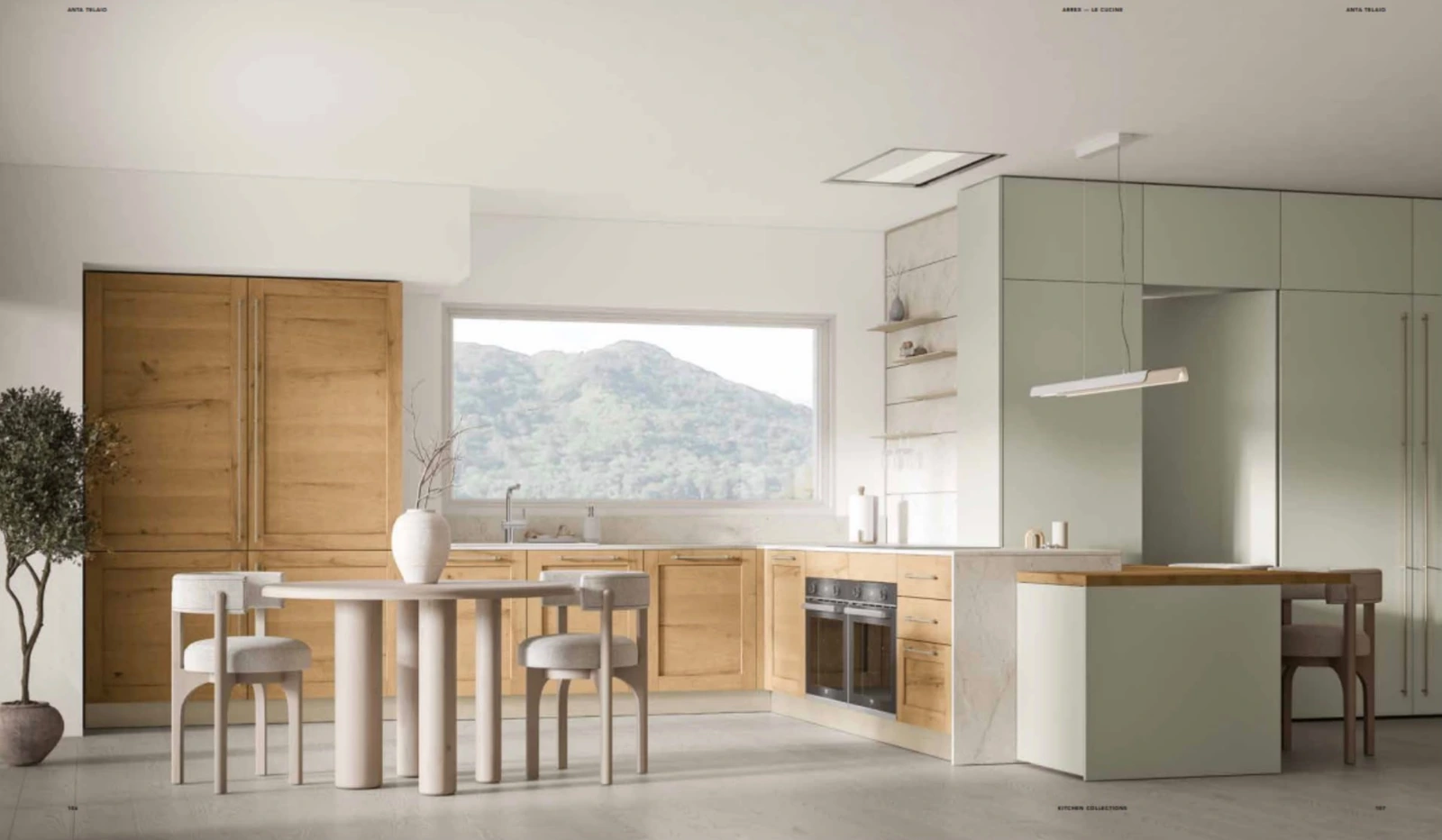 Cucina chiara con isola verde e tavolo in legno