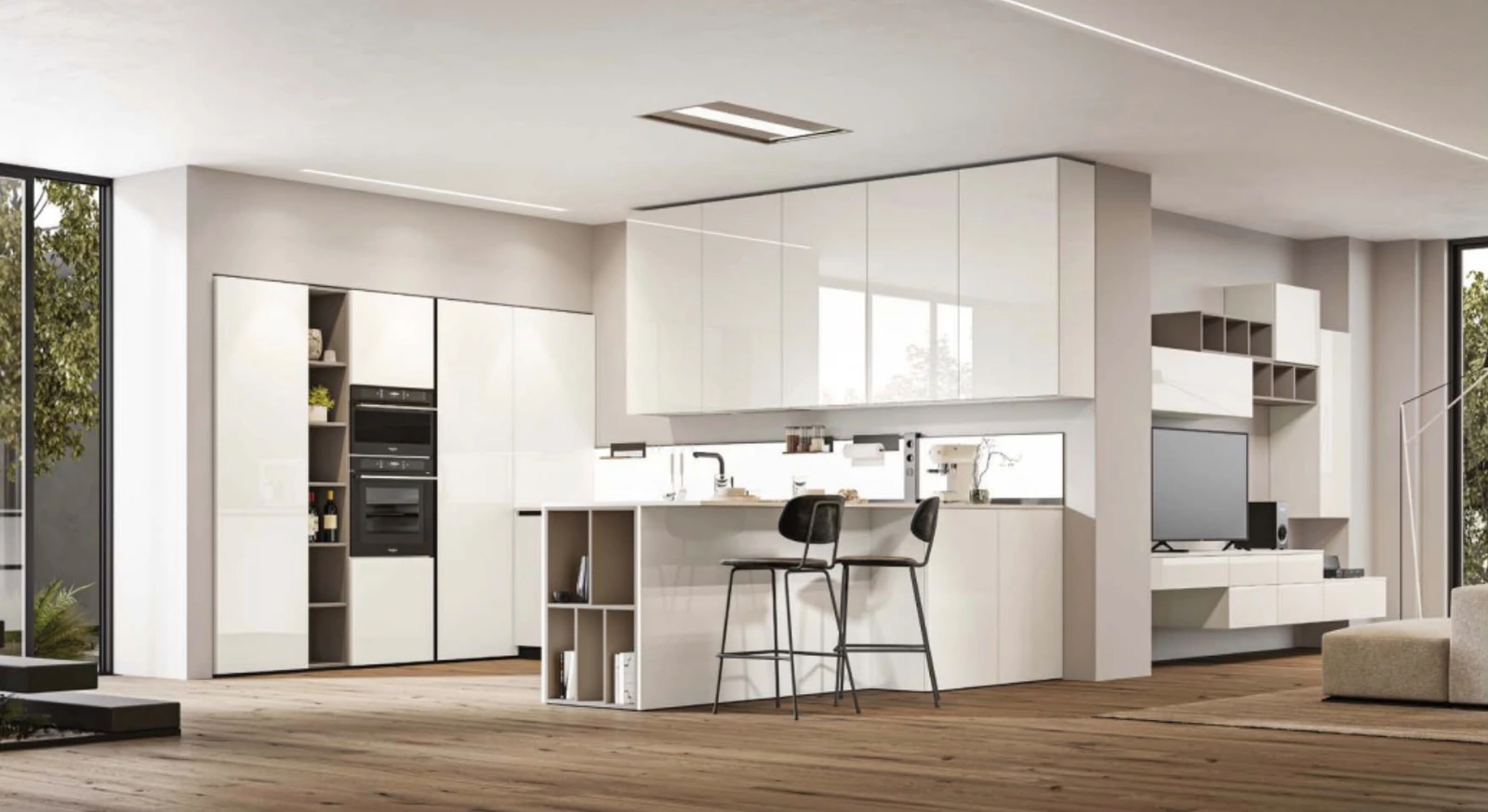 Cucina bianca con penisola e sgabelli scuri