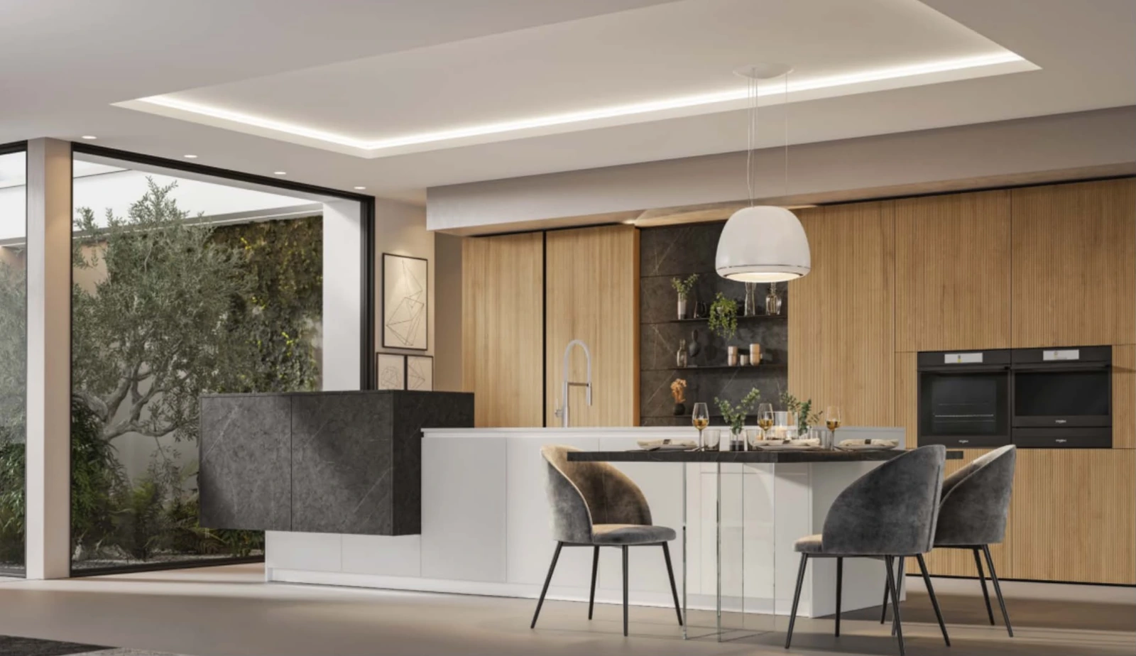 Cucina contemporanea in legno con isola materica