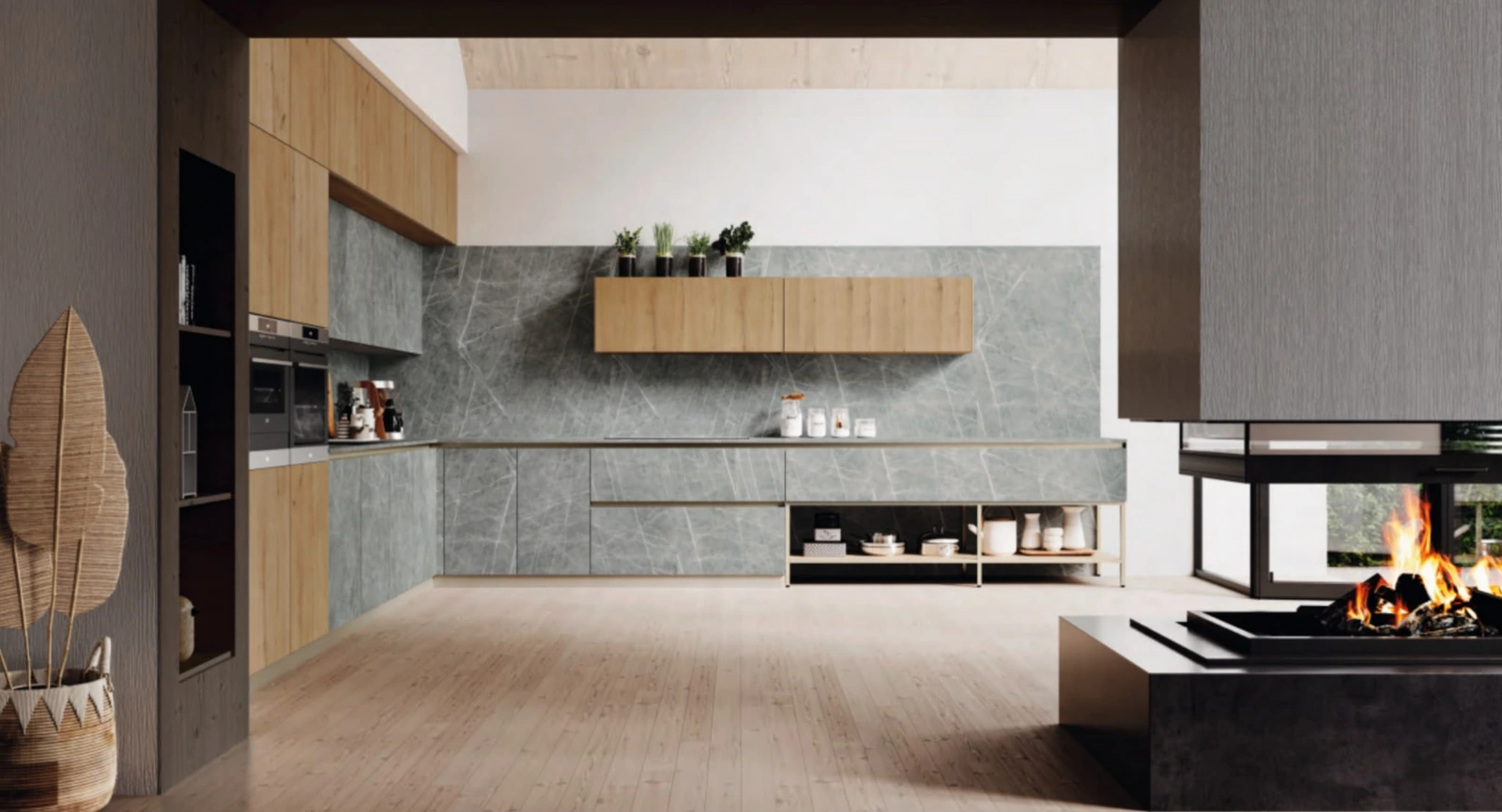 Cucina con legno, grandi superfici materiche e camino