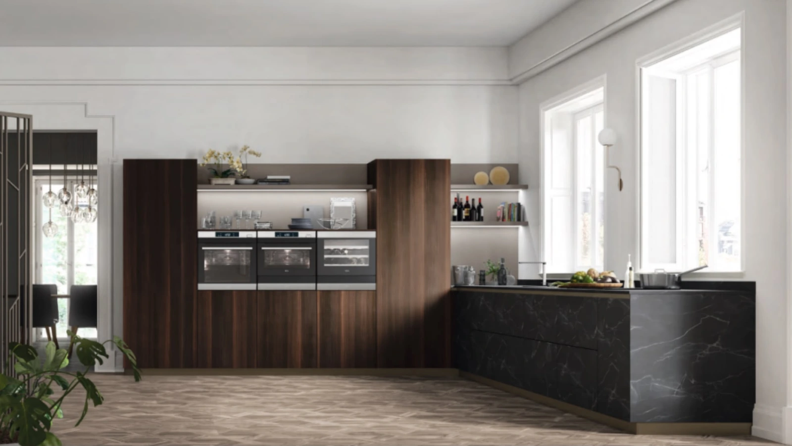 Cucina in legno scuro con isola e superfici materiche
