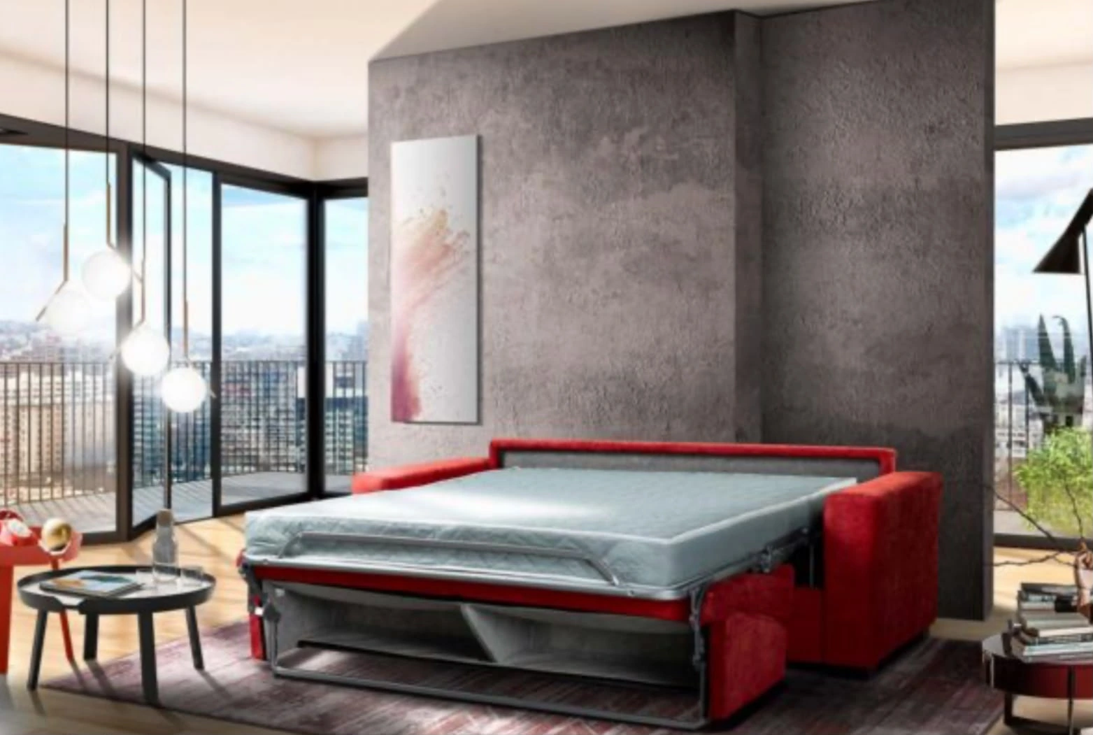 Divano rosso aperto con piano letto in un soggiorno luminoso