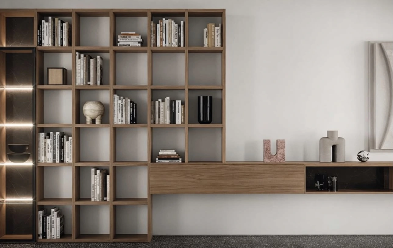 Libreria e contenitore sospeso con finiture in legno