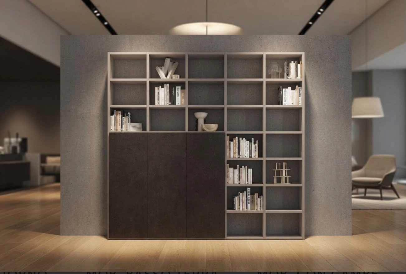 Composizione libreria con base scura e ripiani chiari