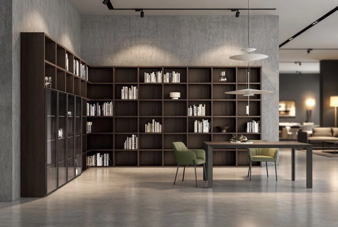 Libreria ad angolo con scrittoio e sedia verde