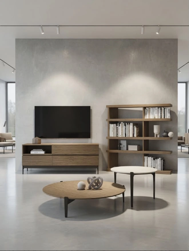 Parete TV e libreria in un soggiorno chiaro