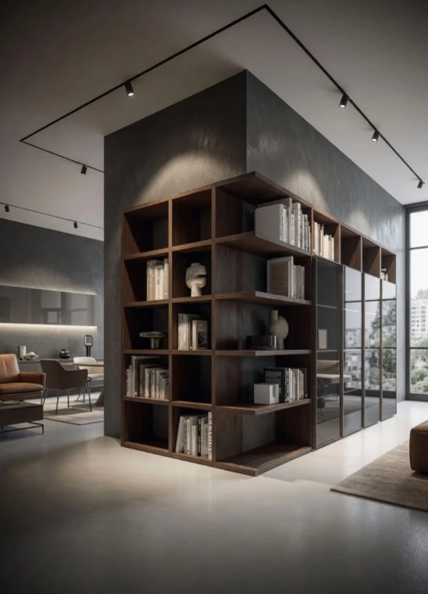 Libreria a tutta altezza con struttura in legno