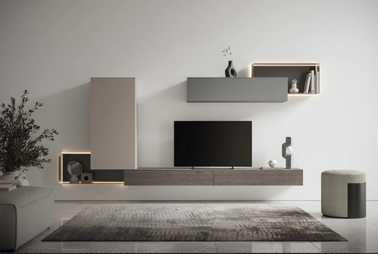 Parete TV sospesa con elementi grigi e legno