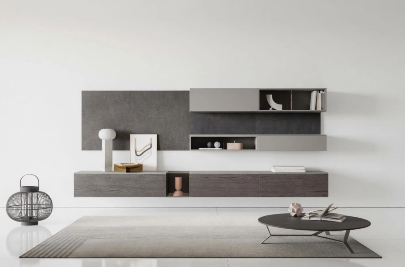 Composizione soggiorno con contenitori grigi e legno scuro