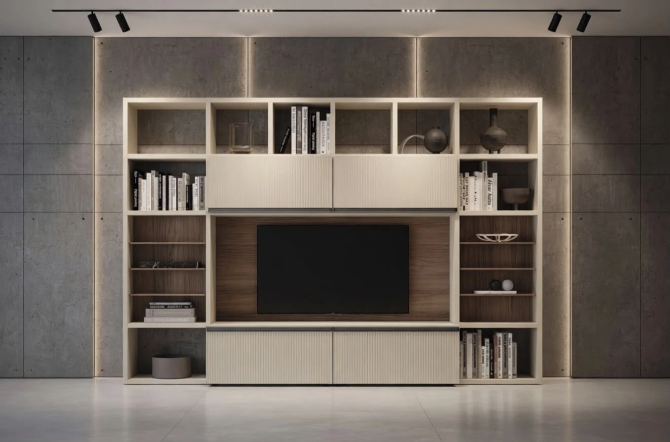 Libreria a tutta parete con vano TV centrale