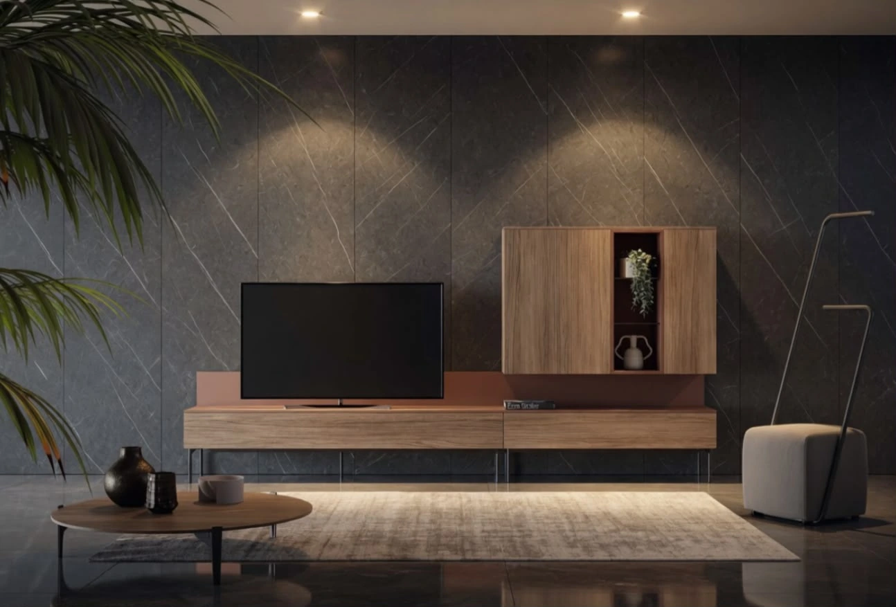 Composizione TV in legno su parete scura