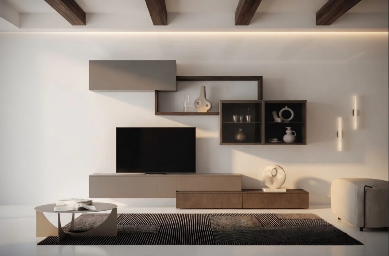 Composizione soggiorno in legno con mensole asimmetriche