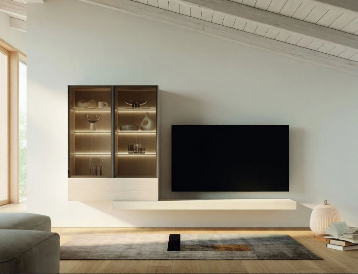 Base TV chiara e contenitore vetrina sospeso