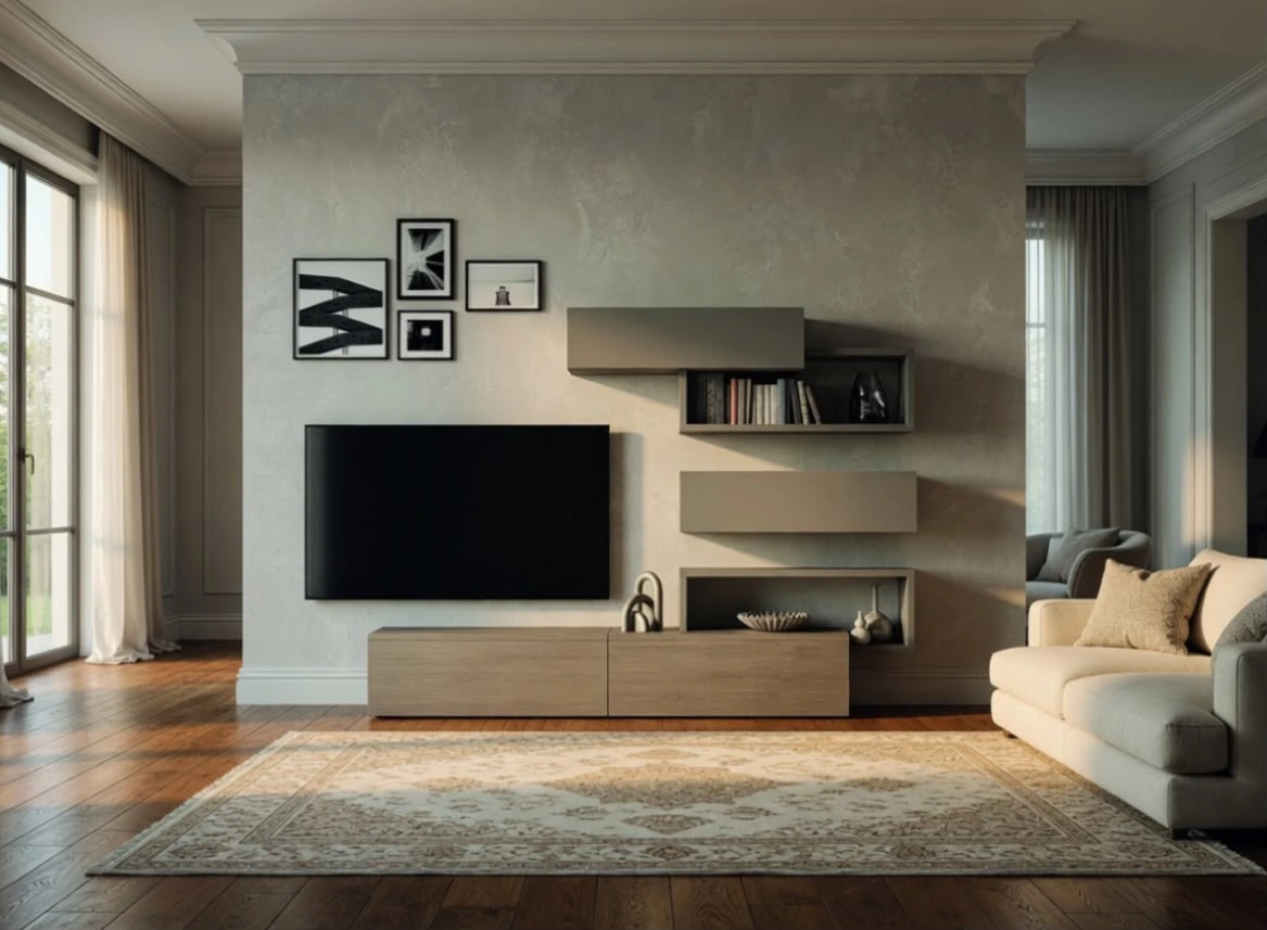 Composizione TV sospesa con elementi beige e scuri