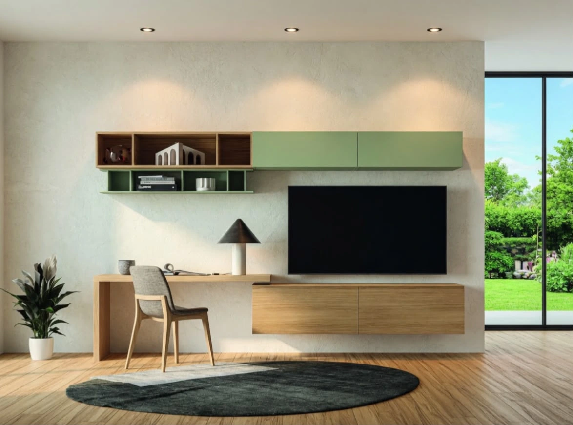 Composizione TV verde e legno in ambiente luminoso