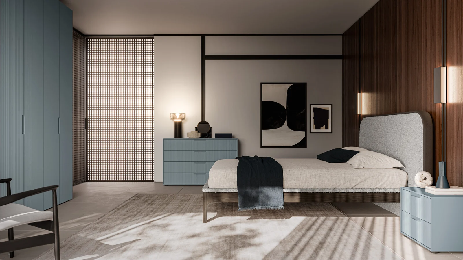 Camera Santalucia con letto Ponente e comodini azzurri